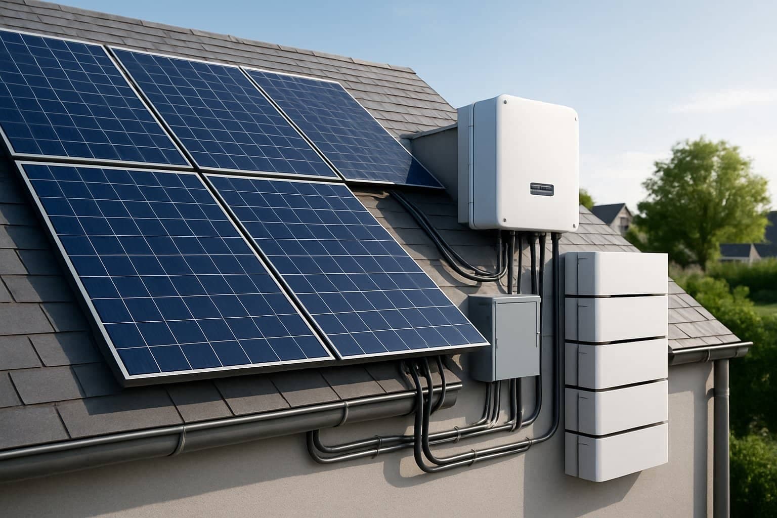 Rooftop solar panels connected to battery storage units with electrical wiring