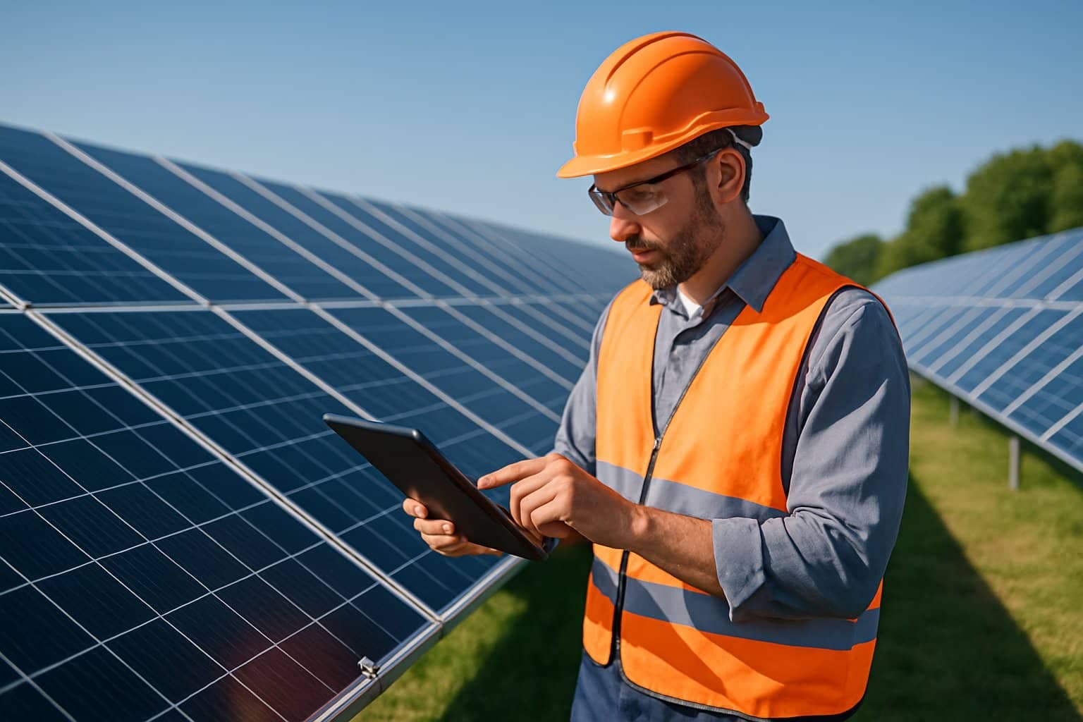 Technician inspecting solar panels at a solar installation site
