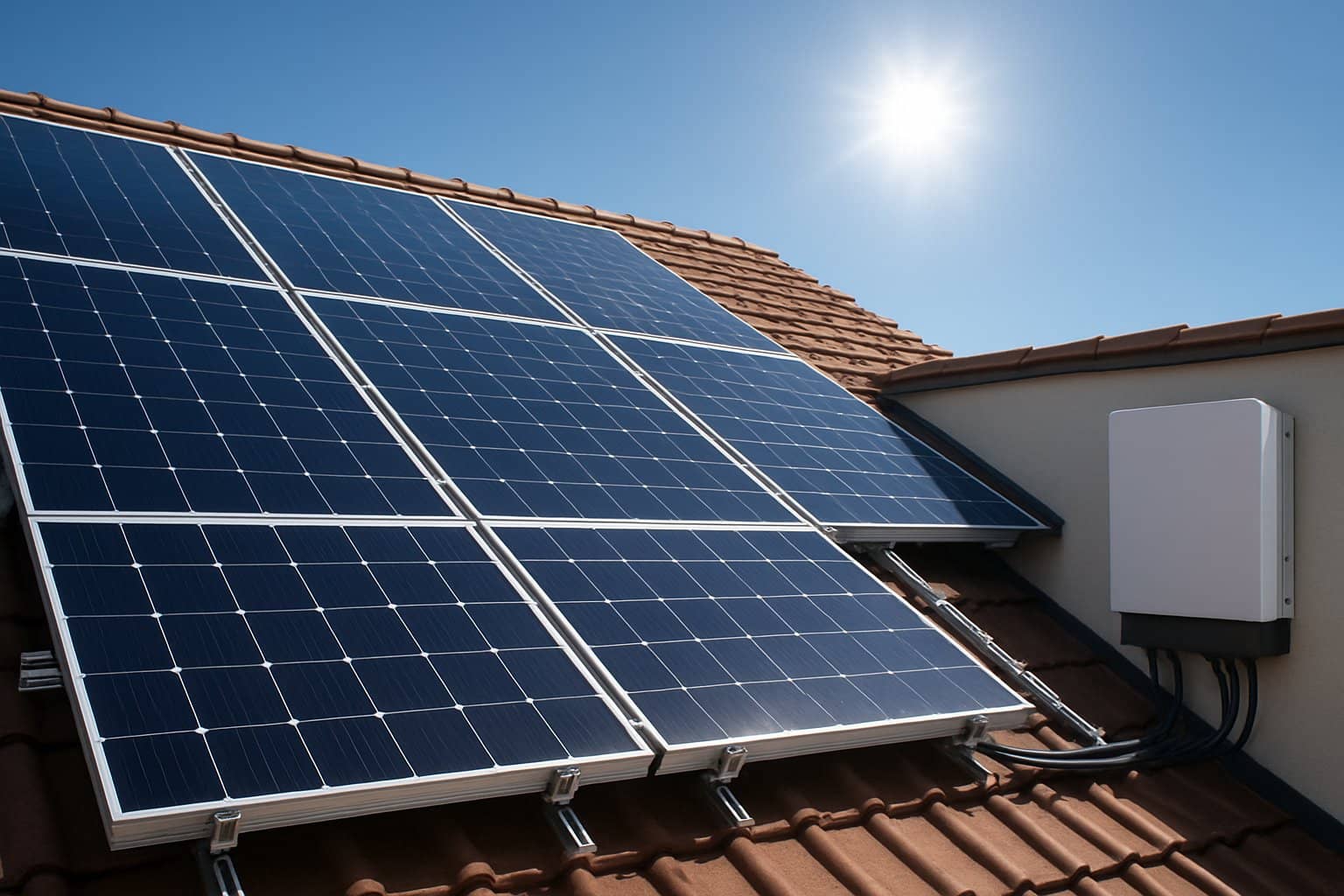 Rooftop with solar panels, mounting racks, electrical wiring, and an inverter box