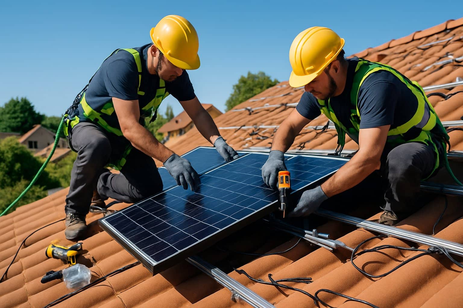 Technicians installing solar panels on a residential rooftop with tools and safety equipment